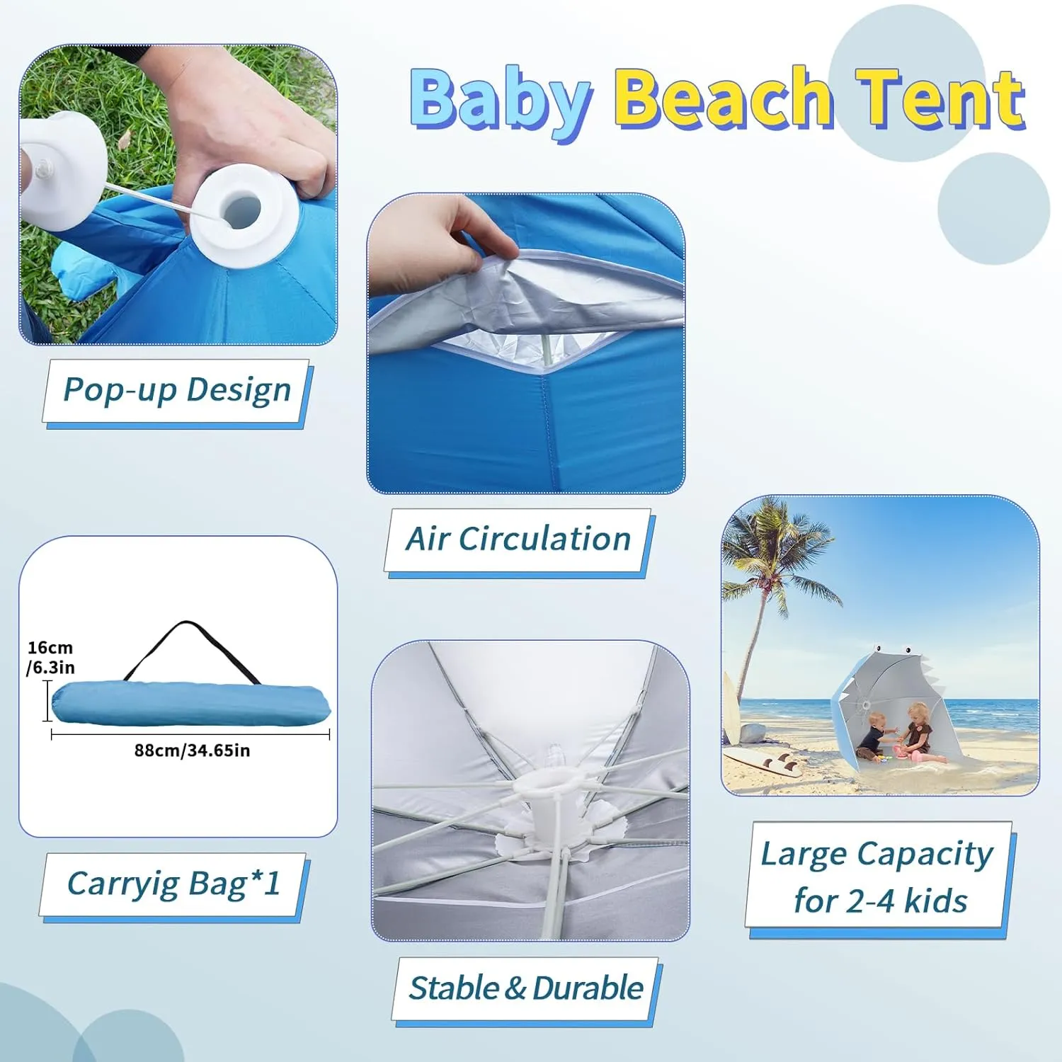 Baby Beach Tent, Pop Up Portable Sun Shade Tent, Lightweight Waterproof UV Protection Beach Sun Shelter with Storage Bag for Baby Beaches, Yard, Picnic, Garden(Shark-Blue)