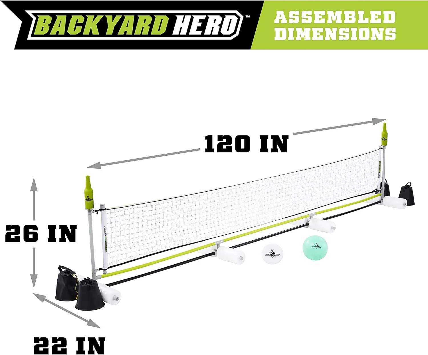 Backyard Hero Glow-in-The-Dark Pool Volleyball Game Set, 120” - Flying Disc, Bottles for Target Game - Summer Toys and Pool Toys for Adults and Family, White/Gray/Green (SU100Y22005)