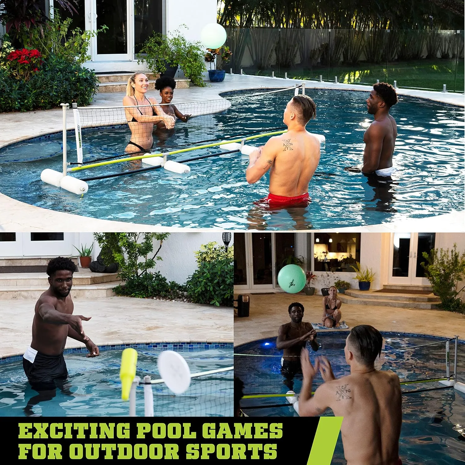 Backyard Hero Glow-in-The-Dark Pool Volleyball Game Set, 120” - Flying Disc, Bottles for Target Game - Summer Toys and Pool Toys for Adults and Family, White/Gray/Green (SU100Y22005)