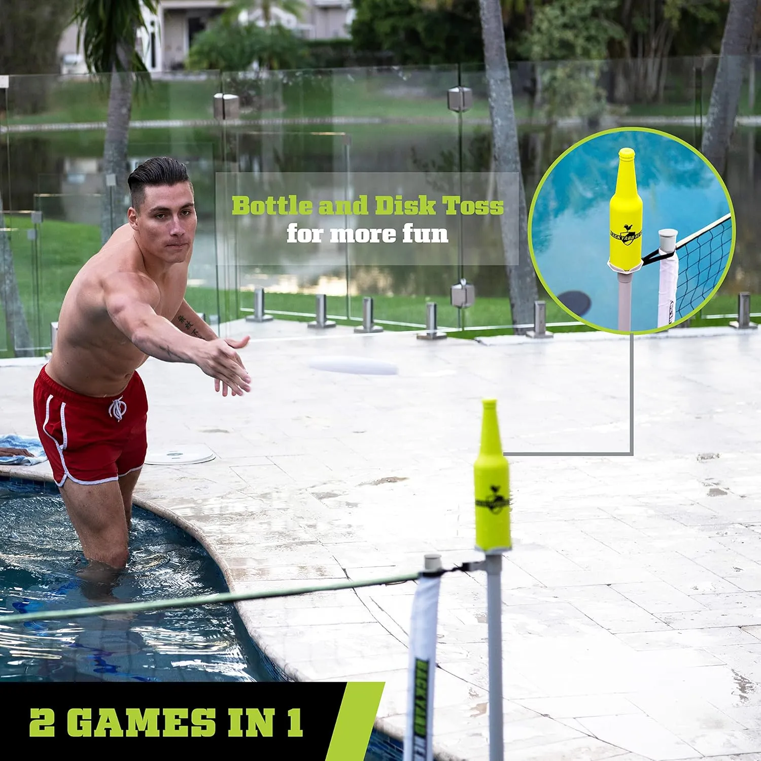 Backyard Hero Glow-in-The-Dark Pool Volleyball Game Set, 120” - Flying Disc, Bottles for Target Game - Summer Toys and Pool Toys for Adults and Family, White/Gray/Green (SU100Y22005)