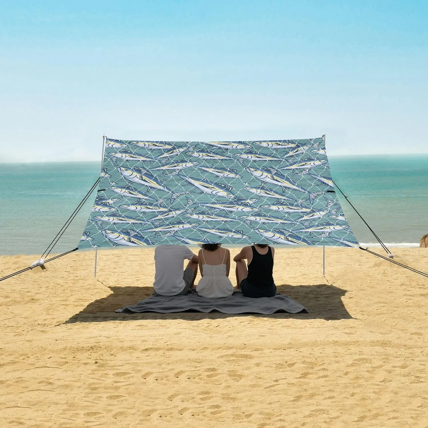 Beach Shade Tent with UPF50  UV Protection,Fishnet Tuna Pattern Underwater Lightweight Camping Sun Shelter for Outdoor,Camping Trips, Fishing, Backyard,Picnics,Easy Set Up and Carry 9x10.5 FT
