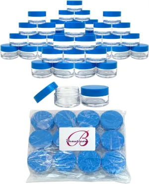 Beauticom 20 gram/20ml Empty Clear Small Round Travel Container Jar Pots with Lids for Make Up Powder, Eyeshadow Pigments, Lotion, Creams, Lip Balm, Lip Gloss, Samples (48 Pieces, Blue)