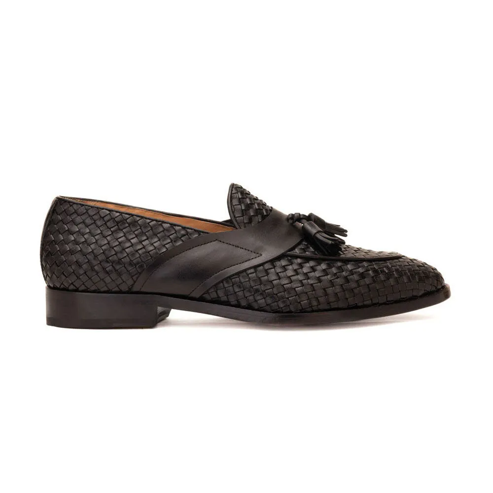 Black Woven Tassel Loafer   Full Saddle