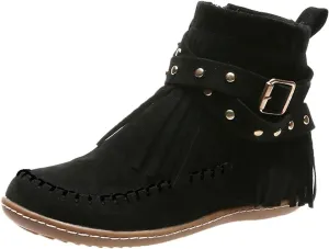 Boho Boots for Women Casual Fringe Suede Wide Round Toe Ankle Boots Tassel Vintage Short Booties Side Zip Flat Fall Winter Boots Non Slip Mid Calf Boots