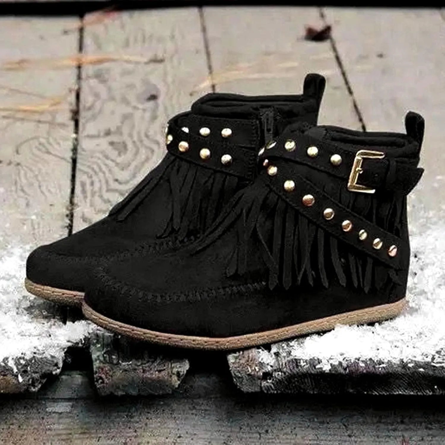 Boho Boots for Women Casual Fringe Suede Wide Round Toe Ankle Boots Tassel Vintage Short Booties Side Zip Flat Fall Winter Boots Non Slip Mid Calf Boots