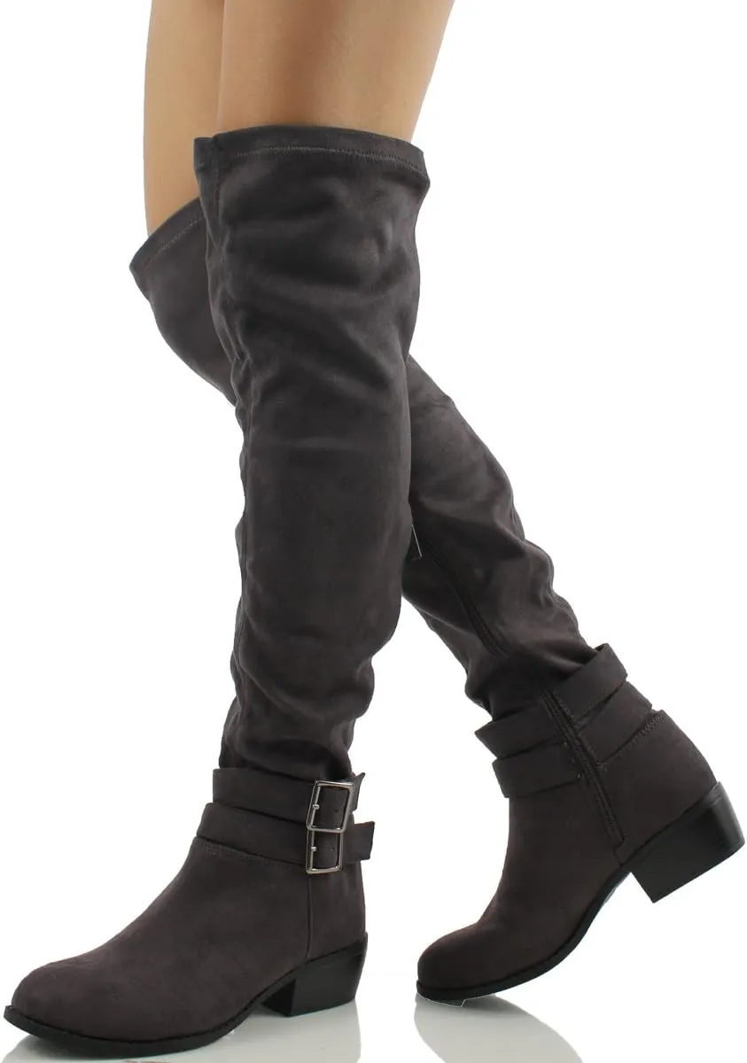 Breckelle's Women's Medison -16 Faux Suede Double Buckle Strap Over The Knee Flat Boot