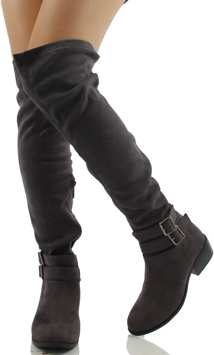 Breckelle's Women's Medison -16 Faux Suede Double Buckle Strap Over The Knee Flat Boot