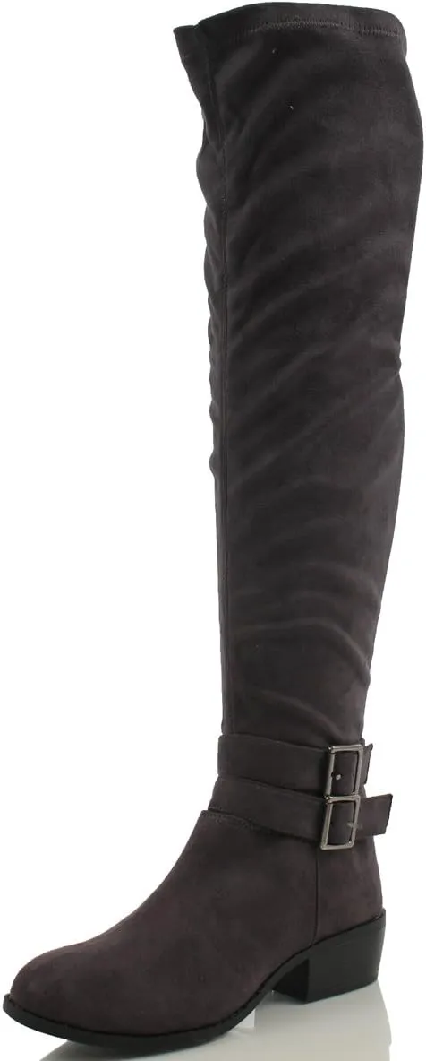 Breckelle's Women's Medison -16 Faux Suede Double Buckle Strap Over The Knee Flat Boot