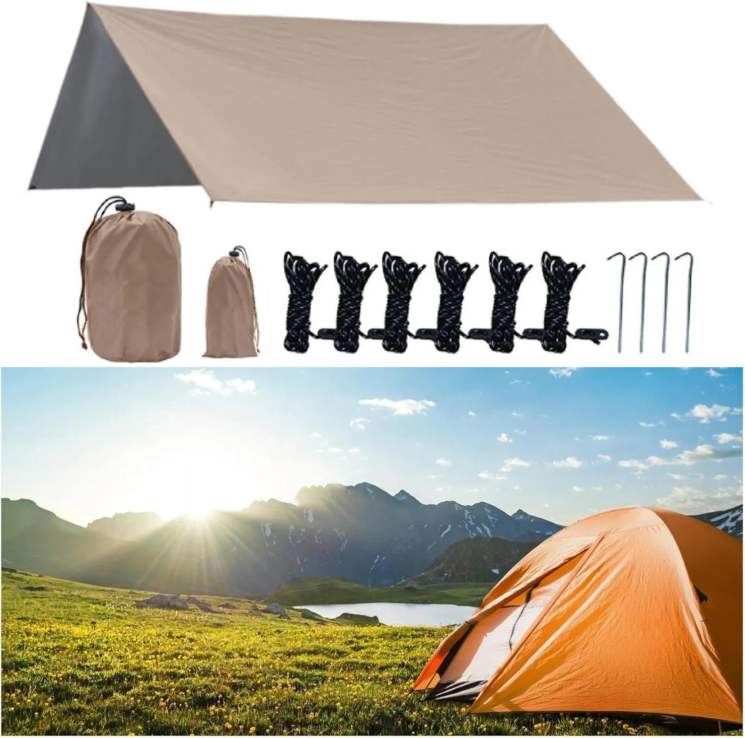 Camping Tarp Tent Tarp Waterproof Rainproof Rain Shelter Camping Canopy for Garden, BBQ, Travel, Hiking, Outdoor Activities
