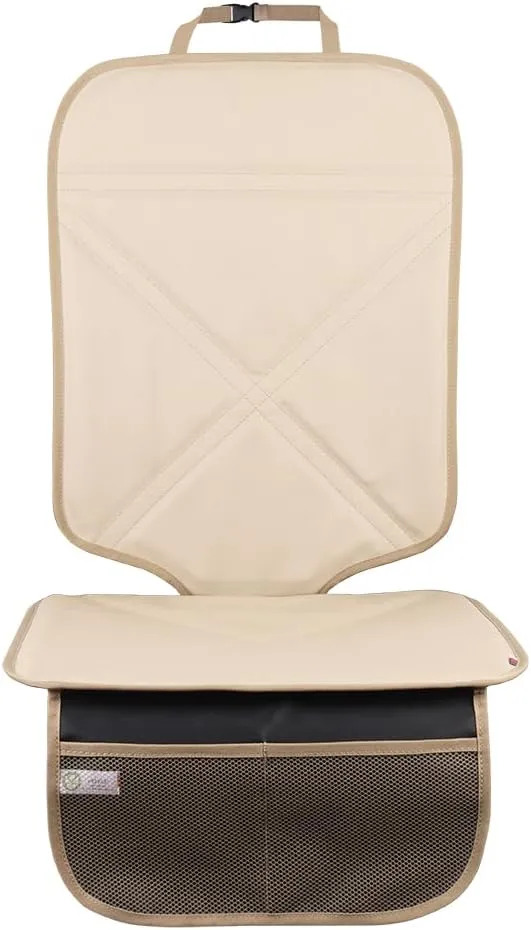 Car Seat Protector Leather Waterproof Child Safety Seat Protector Cover with Thick Pad and 2 Large Pockets Durable Kick Mat for All Auto Seat (Beige)