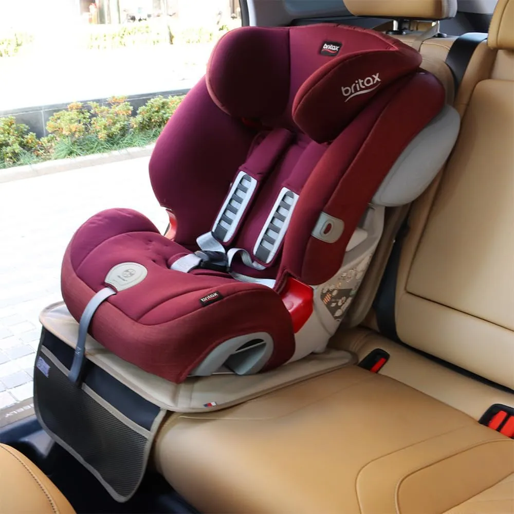 Car Seat Protector Leather Waterproof Child Safety Seat Protector Cover with Thick Pad and 2 Large Pockets Durable Kick Mat for All Auto Seat (Beige)