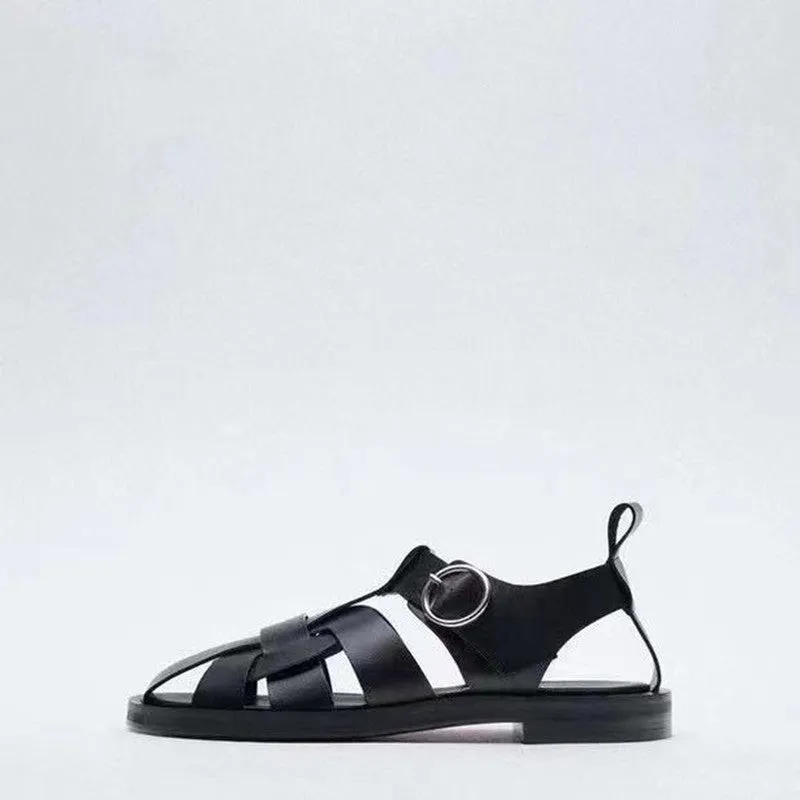 Casual Round Toe Leather Flat Sandals