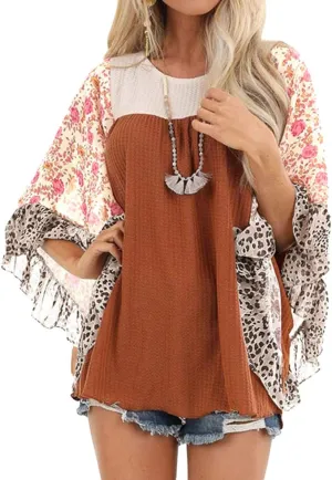 CASURESS Womens Floral Printed 3 4 Sleeve Shirt Batwing Loose Tops Blouses Pullover