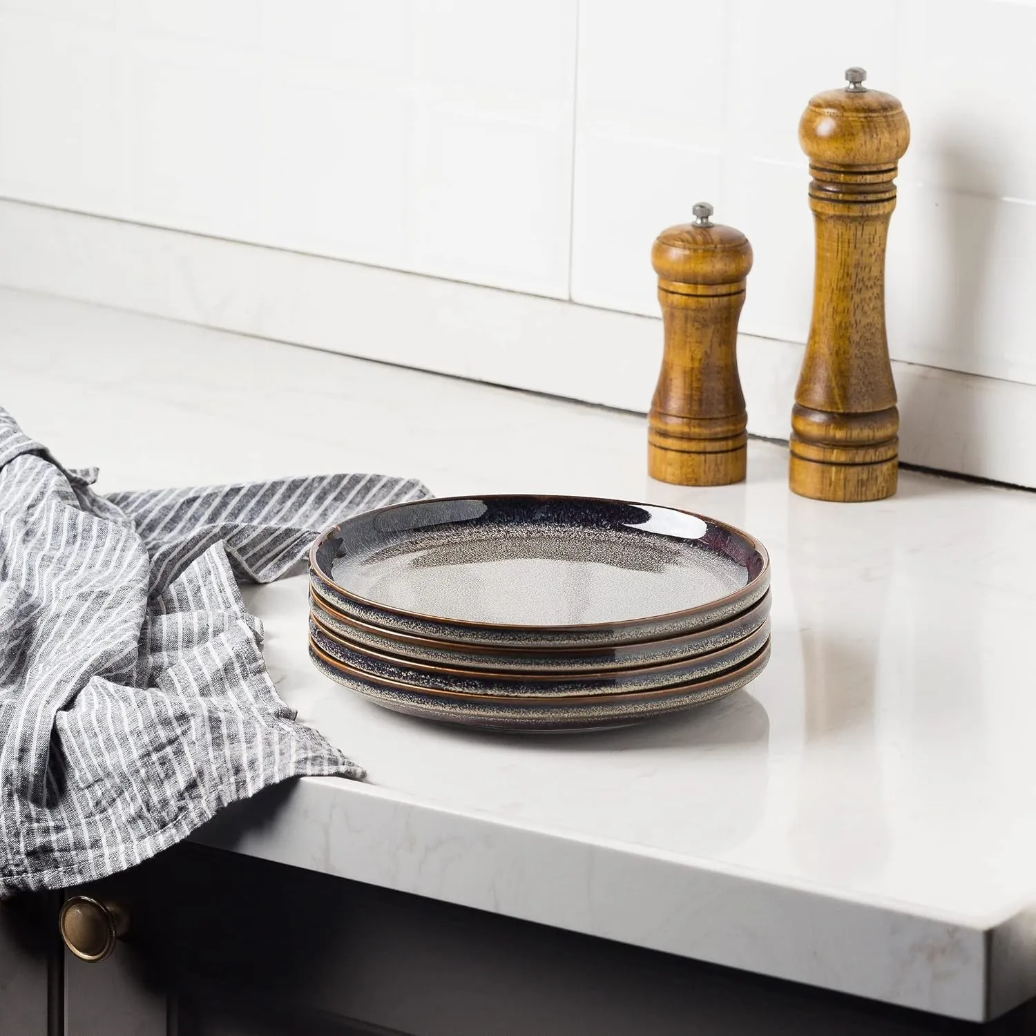 Ceramic Flat Plates Set of 4-8 in - The Dessert, Salad, Appetizer, Small Lunch, etc Plate. Microwave, Oven, and Dishwasher Safe, Scratch Resistant. Kitchen Porcelain Dish-Caramel Brown