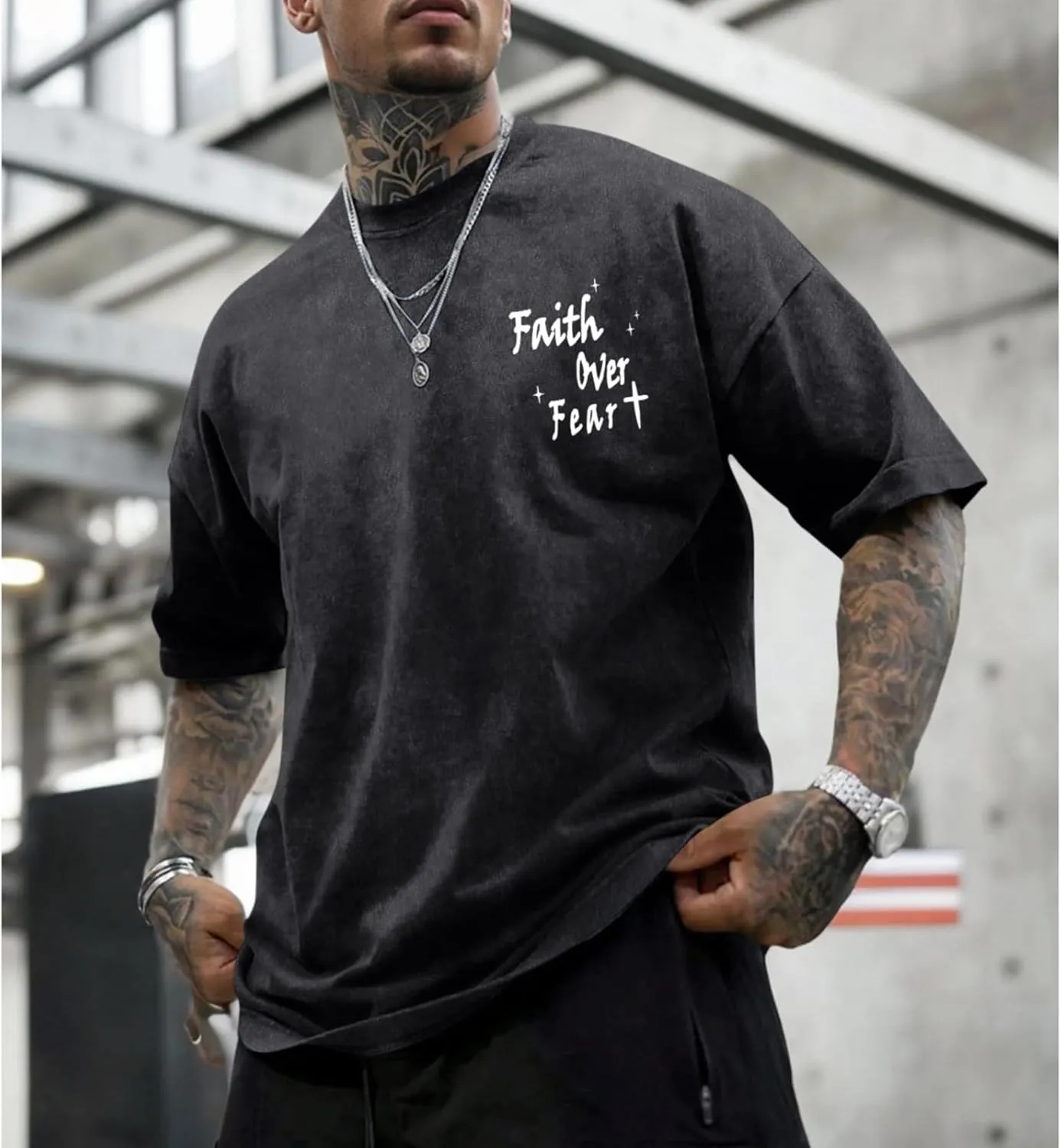 Christian Shirts for Men Faith Over Fear Acid Wash Tshirts Faith Religious Tees God Bible Verse Inspirational Tops