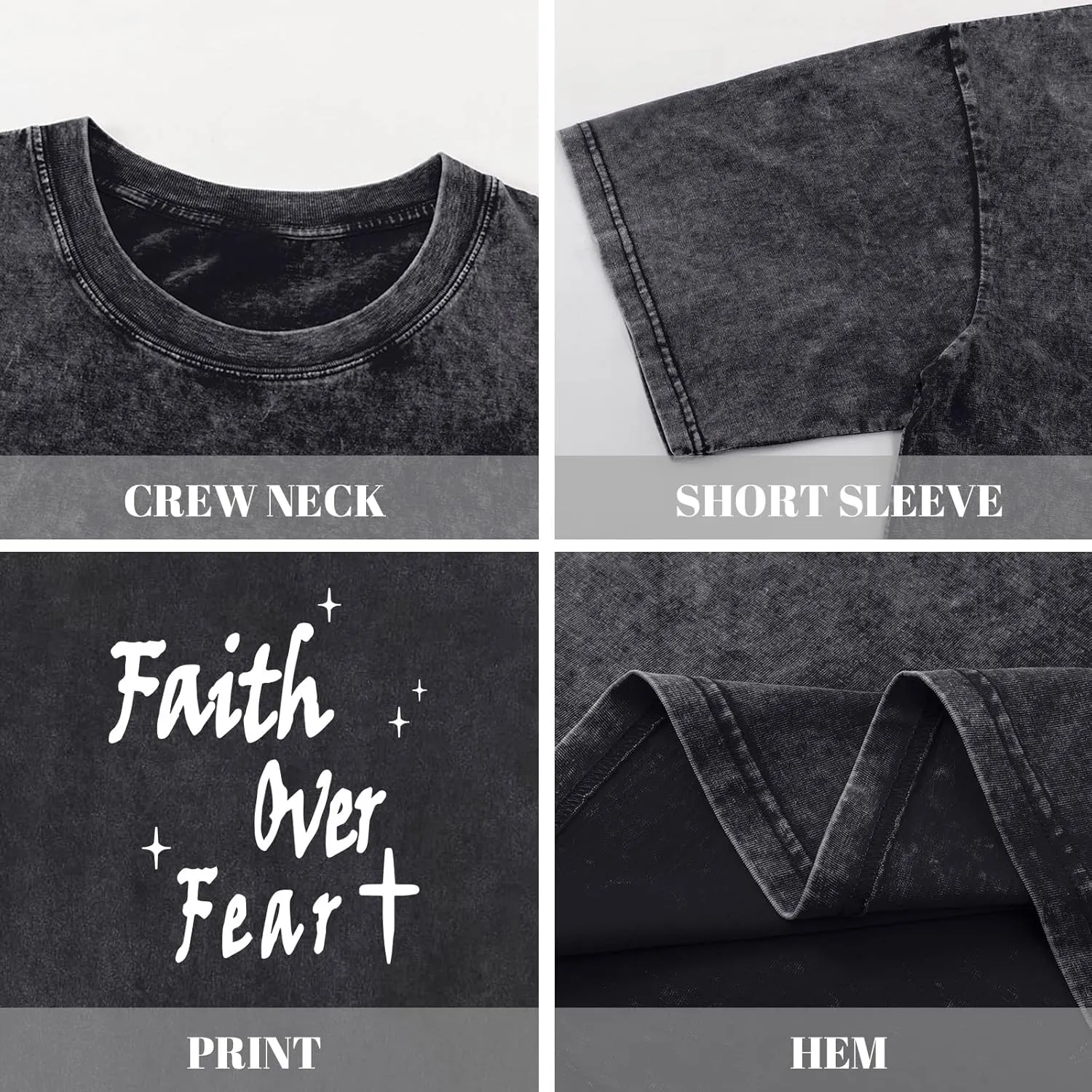 Christian Shirts for Men Faith Over Fear Acid Wash Tshirts Faith Religious Tees God Bible Verse Inspirational Tops