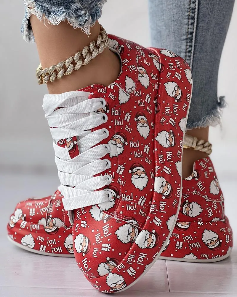 Christmas Santa Letter Print Lace up Sneakers
