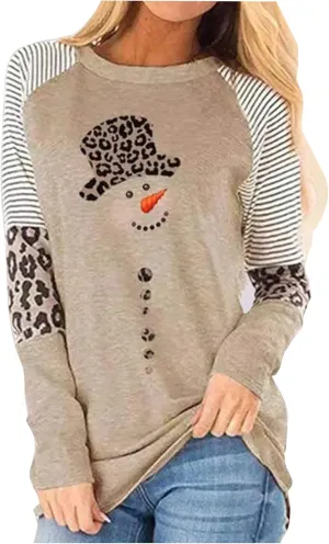 Christmas Snowman Leopard Tunic for Women Color Block Casual Long Sleeve Striped Blouse Round Neck Pullover T Shirt Tops