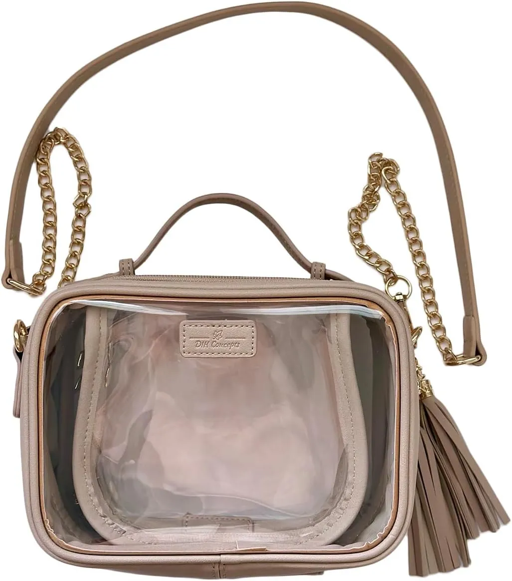 Clear Convertible Makeup Bag, Cosmetic Case, Toiletry Bag, Crossbody Bag with Leather and Chain Strap (Beige the Classic)