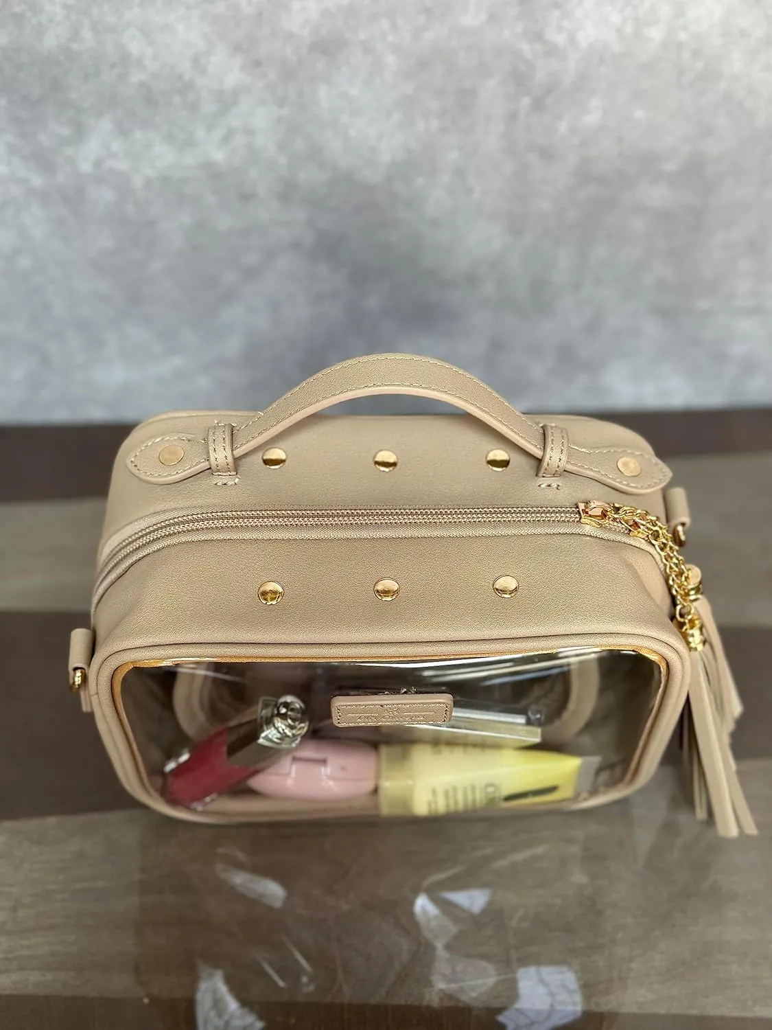 Clear Convertible Makeup Bag, Cosmetic Case, Toiletry Bag, Crossbody Bag with Leather and Chain Strap (Beige the Classic)