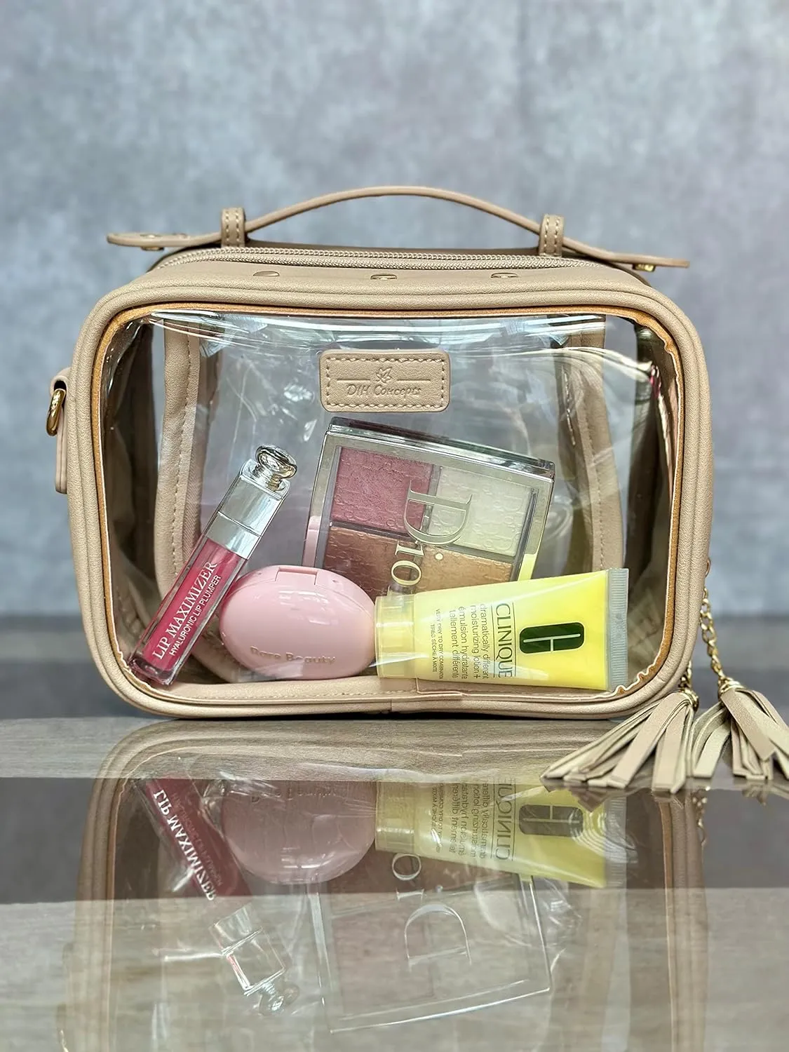 Clear Convertible Makeup Bag, Cosmetic Case, Toiletry Bag, Crossbody Bag with Leather and Chain Strap (Beige the Classic)