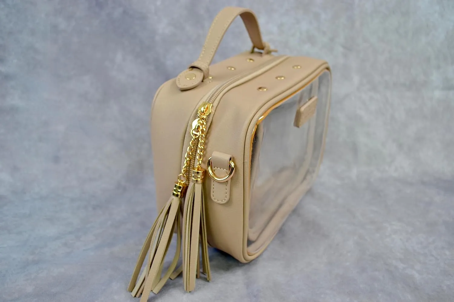 Clear Convertible Makeup Bag, Cosmetic Case, Toiletry Bag, Crossbody Bag with Leather and Chain Strap (Beige the Classic)