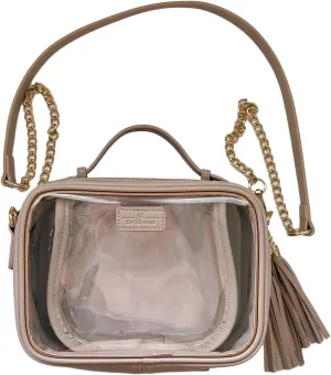 Clear Convertible Makeup Bag, Cosmetic Case, Toiletry Bag, Crossbody Bag with Leather and Chain Strap (Beige the Classic)