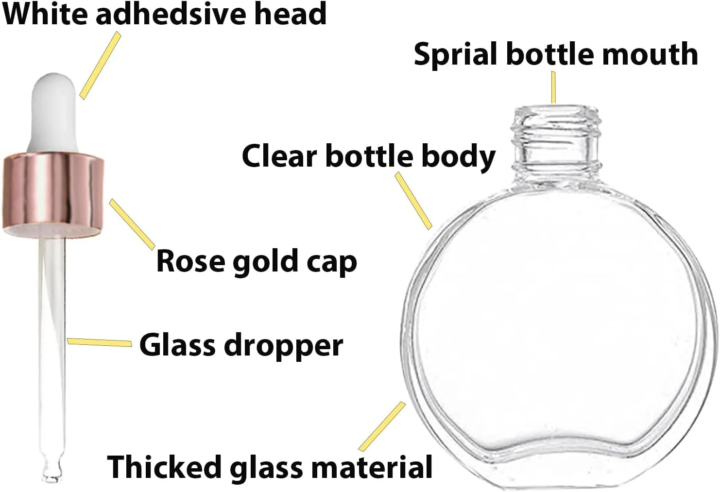 Clear Dropper Bottles 2 OZ 6 Pcs Transparent Round Flat Glass Bottles with Eye Dropper, for Perfume Serums Hair Oils and other liquids (Clear-Rose gold Lids, 2 OZ)