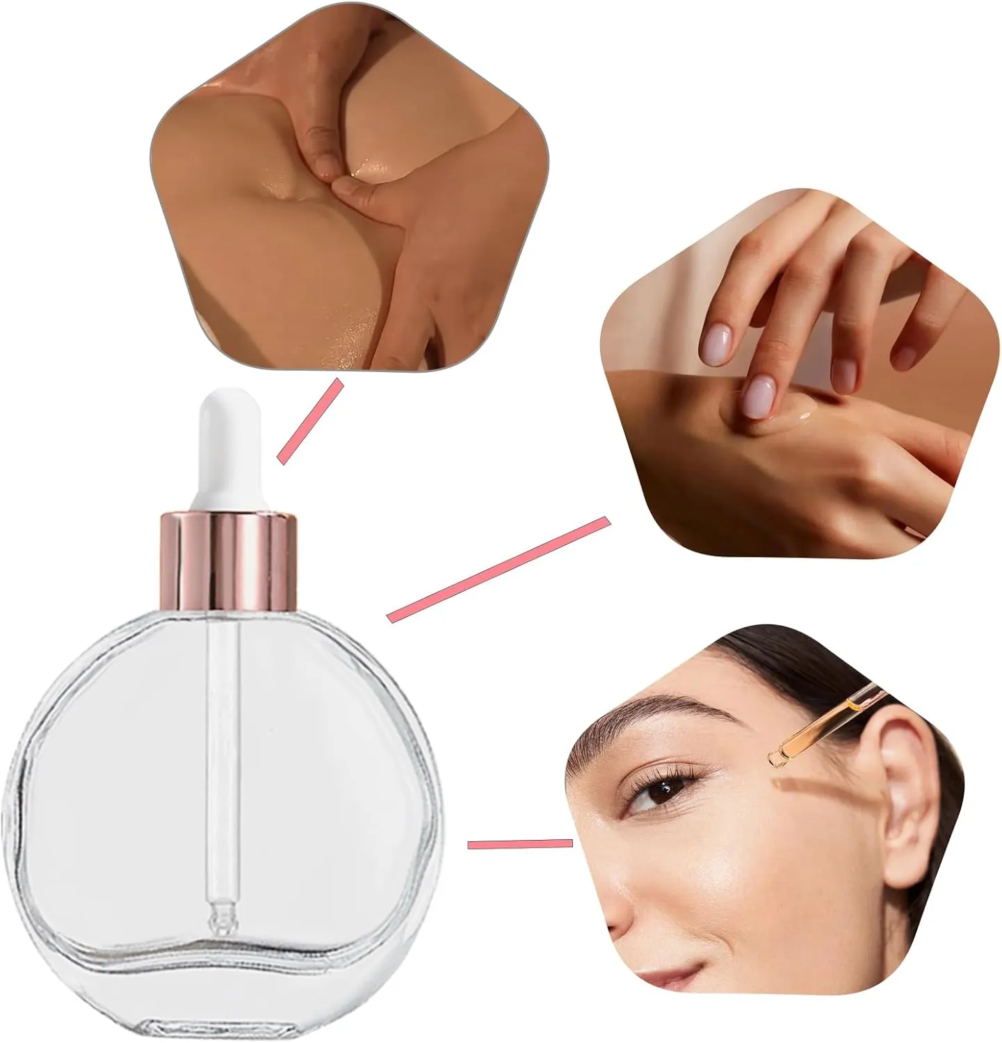Clear Dropper Bottles 2 OZ 6 Pcs Transparent Round Flat Glass Bottles with Eye Dropper, for Perfume Serums Hair Oils and other liquids (Clear-Rose gold Lids, 2 OZ)