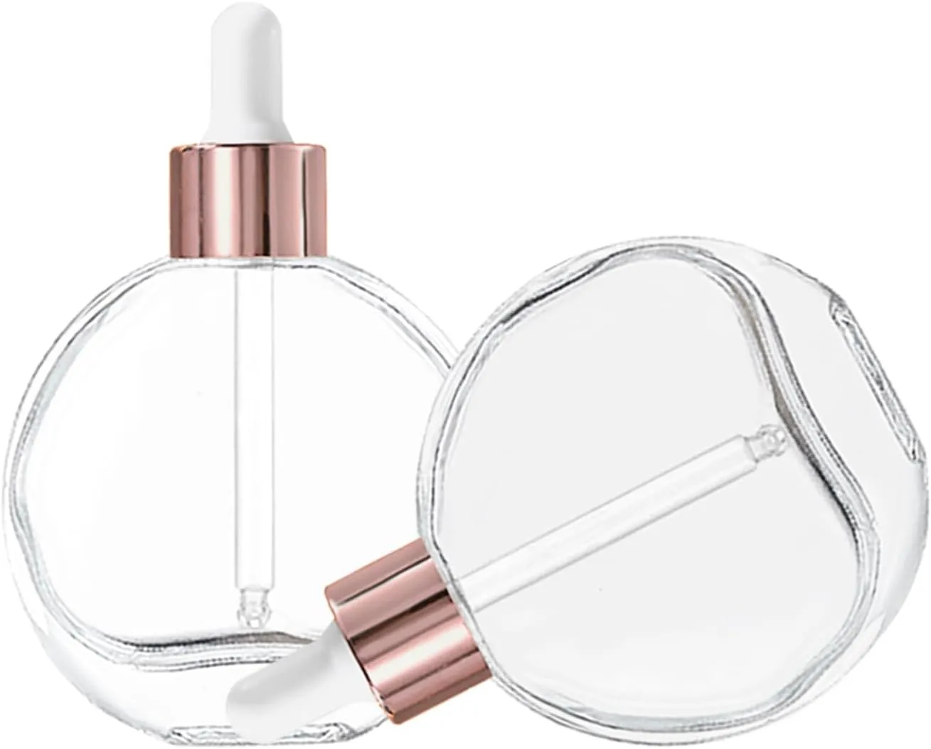 Clear Dropper Bottles 2 OZ 6 Pcs Transparent Round Flat Glass Bottles with Eye Dropper, for Perfume Serums Hair Oils and other liquids (Clear-Rose gold Lids, 2 OZ)