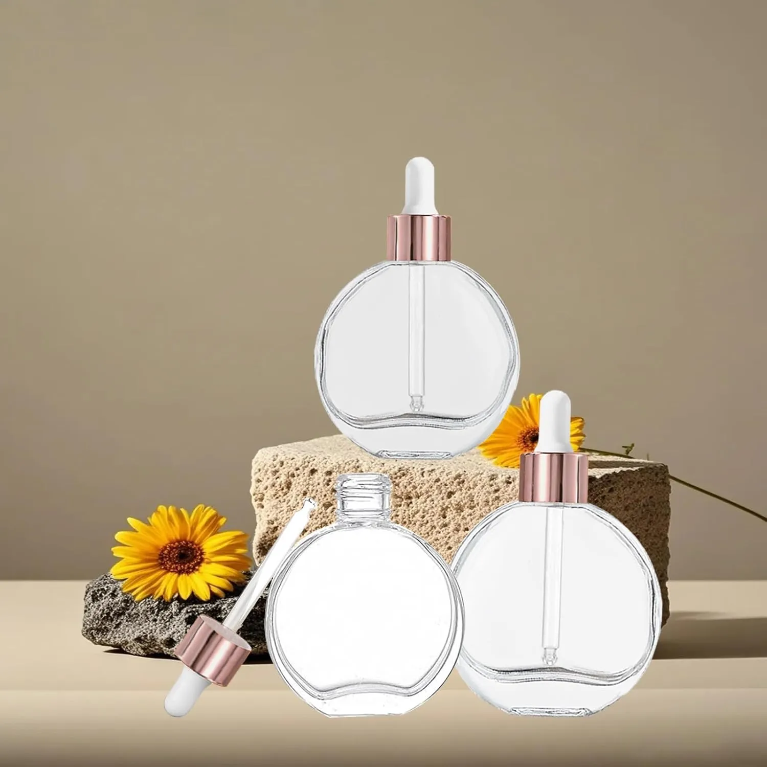 Clear Dropper Bottles 2 OZ 6 Pcs Transparent Round Flat Glass Bottles with Eye Dropper, for Perfume Serums Hair Oils and other liquids (Clear-Rose gold Lids, 2 OZ)