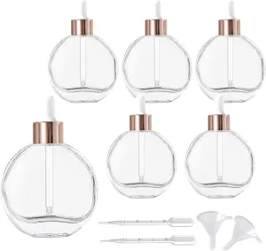 Clear Dropper Bottles 2 OZ 6 Pcs Transparent Round Flat Glass Bottles with Eye Dropper, for Perfume Serums Hair Oils and other liquids (Clear-Rose gold Lids, 2 OZ)