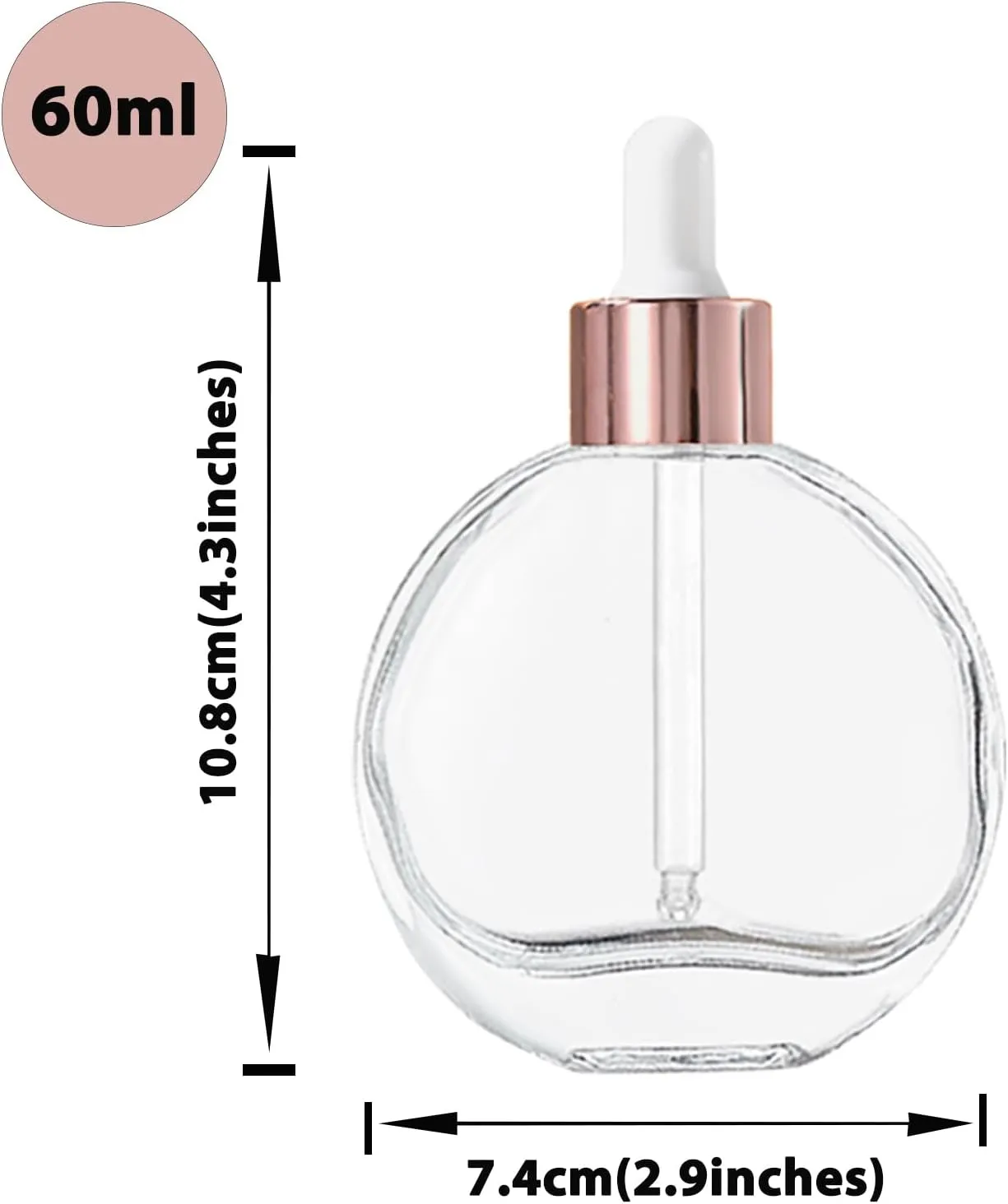 Clear Dropper Bottles 2 OZ 6 Pcs Transparent Round Flat Glass Bottles with Eye Dropper, for Perfume Serums Hair Oils and other liquids (Clear-Rose gold Lids, 2 OZ)