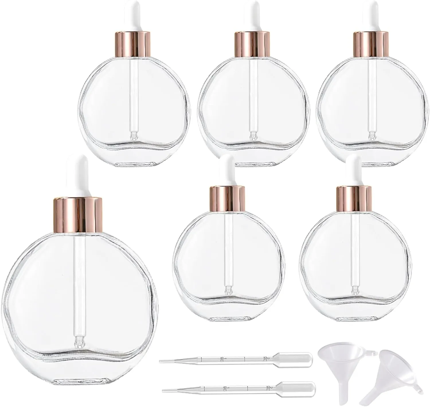 Clear Dropper Bottles 2 OZ 6 Pcs Transparent Round Flat Glass Bottles with Eye Dropper, for Perfume Serums Hair Oils and other liquids (Clear-Rose gold Lids, 2 OZ)