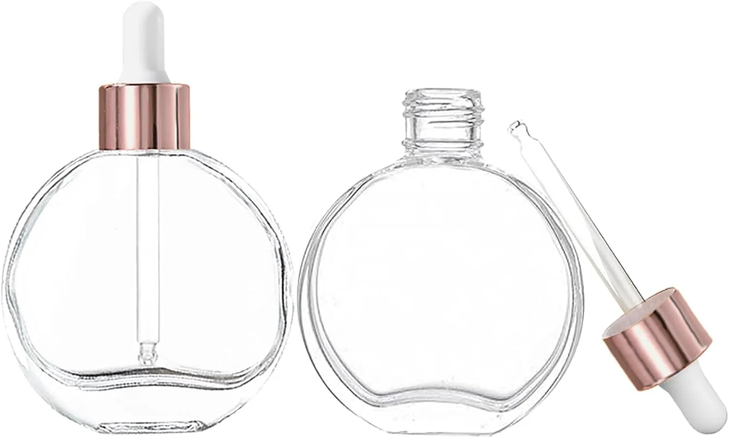 Clear Dropper Bottles 2 OZ 6 Pcs Transparent Round Flat Glass Bottles with Eye Dropper, for Perfume Serums Hair Oils and other liquids (Clear-Rose gold Lids, 2 OZ)