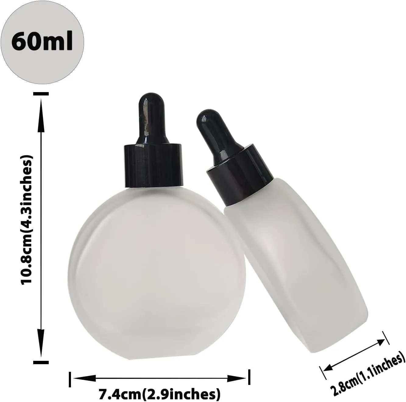Clear Frosted Dropper Bottles 2 OZ 6 Pcs Frosted Round Flat Glass Bottles with Eye Dropper, for Essential Oils Perfume Serums Hair Oils and other liquids (Clear-Frosted, 2 OZ)