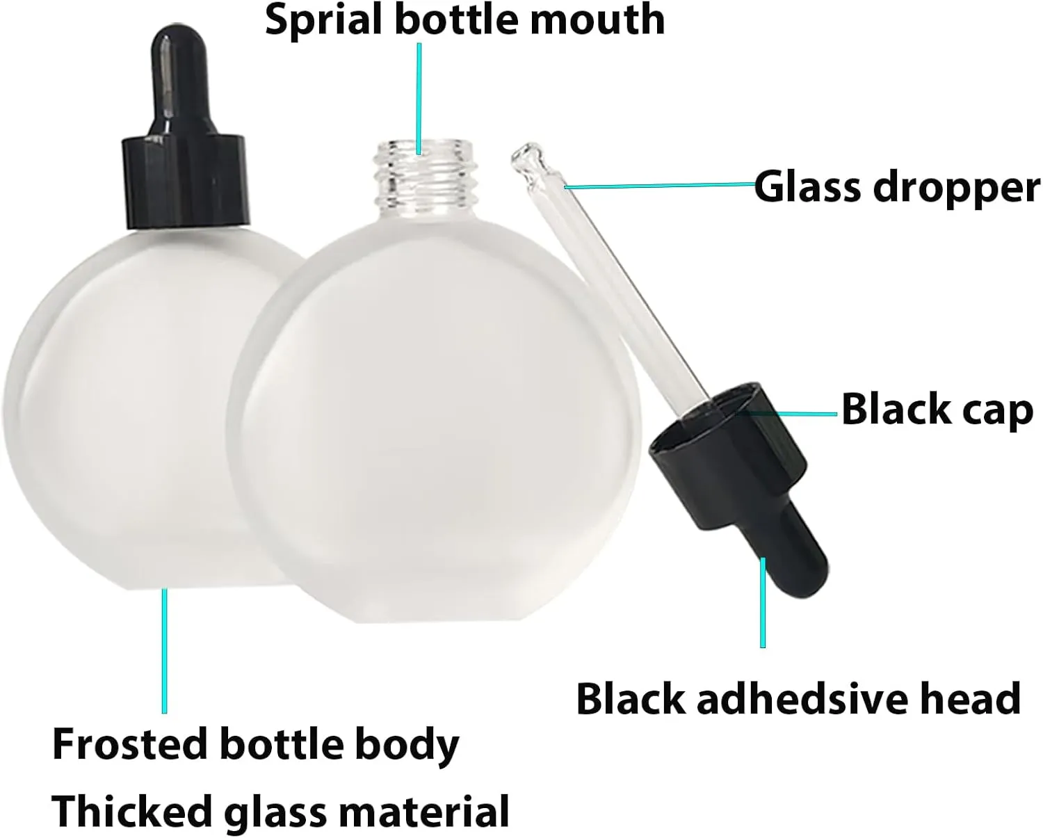Clear Frosted Dropper Bottles 2 OZ 6 Pcs Frosted Round Flat Glass Bottles with Eye Dropper, for Essential Oils Perfume Serums Hair Oils and other liquids (Clear-Frosted, 2 OZ)