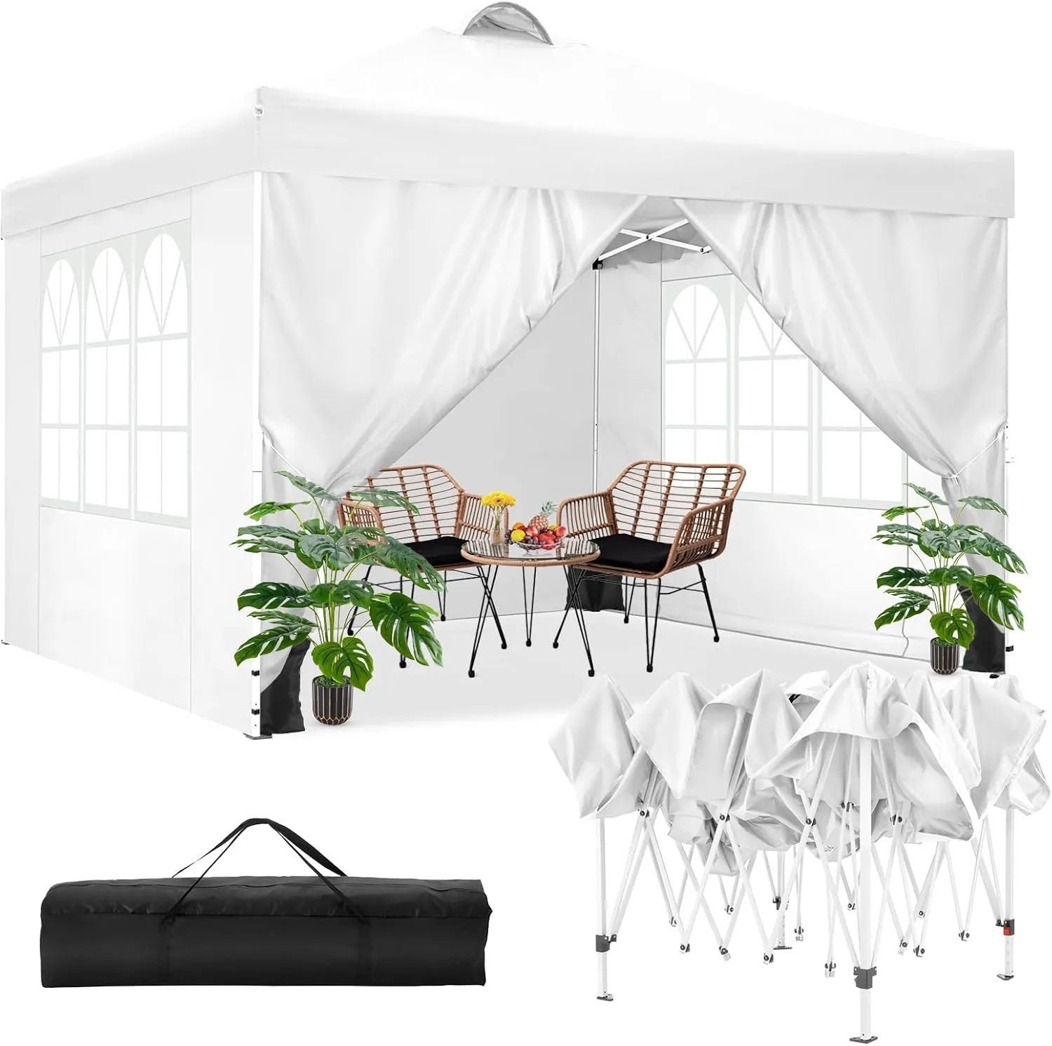 COBIZI Canopy Tent 10x10 Pop Up Outdoor Canopies with 4 Sidewalls Waterproof Commercial Instant Gazebo Tents for Party Patio Backyard with 4 Sandbags, 4 Stakes & 8 Ropes, White