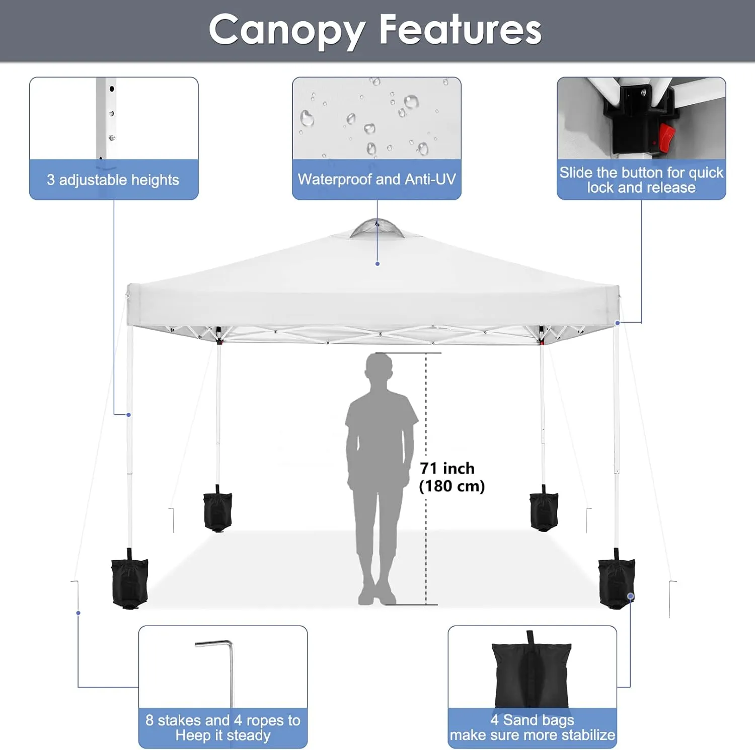 COBIZI Canopy Tent 10x10 Pop Up Outdoor Canopies with 4 Sidewalls Waterproof Commercial Instant Gazebo Tents for Party Patio Backyard with 4 Sandbags, 4 Stakes & 8 Ropes, White