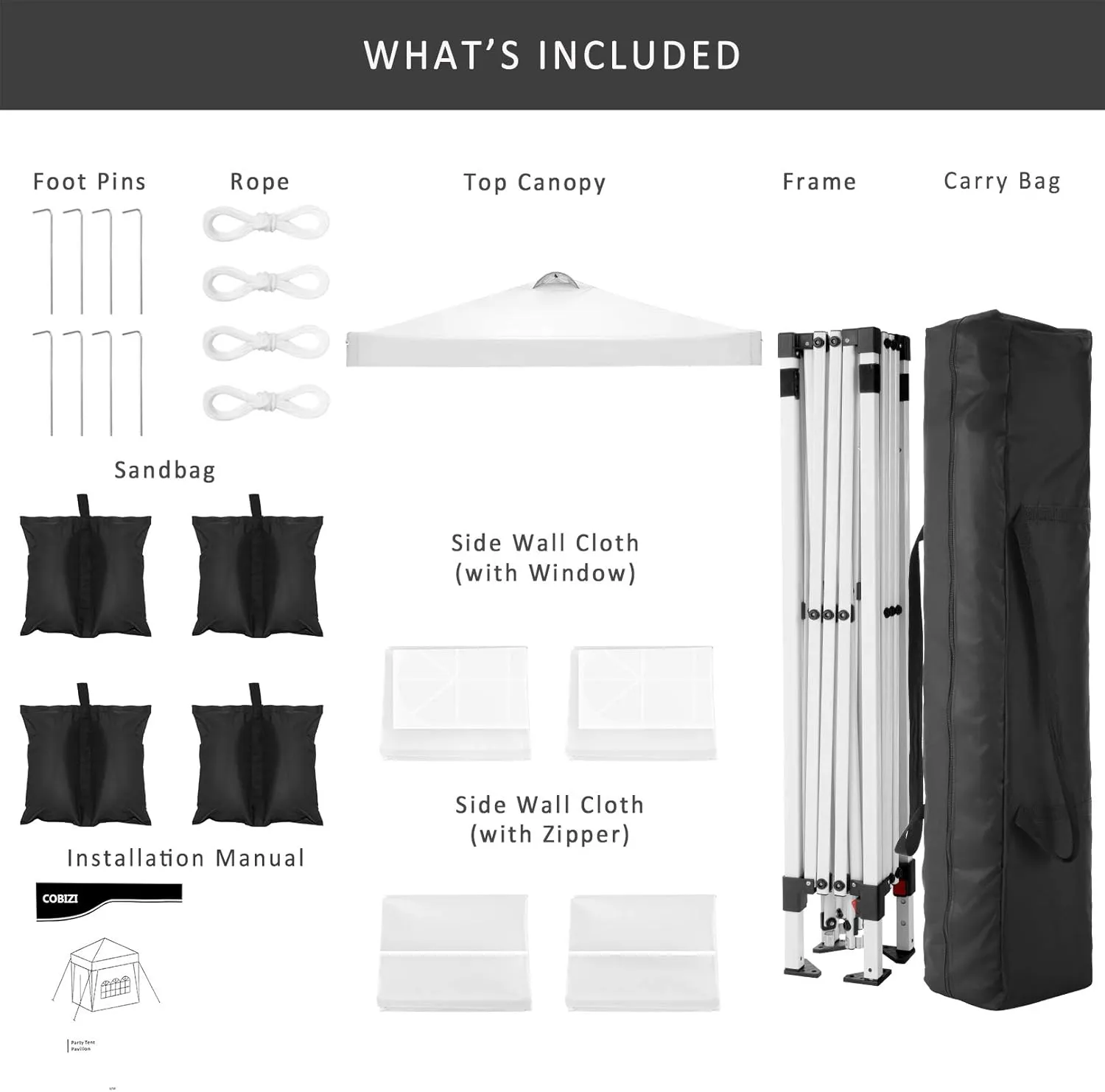 COBIZI Canopy Tent 10x10 Pop Up Outdoor Canopies with 4 Sidewalls Waterproof Commercial Instant Gazebo Tents for Party Patio Backyard with 4 Sandbags, 4 Stakes & 8 Ropes, White