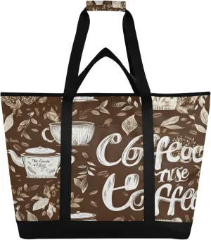 Coffee Pattern Reusable Insulated Cooler Bag with Ice Pack Compartment - Large 47L Waterproof Thermal Grocery Tote for Picnic Beach Camping Lunch Storage