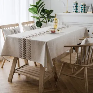 ColorBird Embroidery Leaf Tablecloth Heavy Weight Cotton Linen Fabric Dust-Proof Table Cover for Kitchen Dinning Tabletop Decoration (Rectangle/Oblong, 52 x 86 Inch, Linen)
