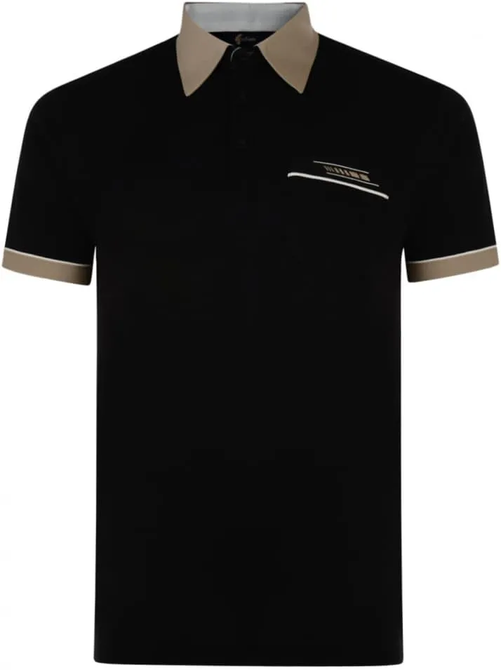 Contrasting Collar & Cuff Patterned Jersey Polo Shirt Black
