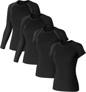 Coume 4 Pack Women's Compression Shirts Dry Fit Long/Short Sleeve Workout T-Shirt Athletic Top Baselayer Sport Yoga Gym Gear