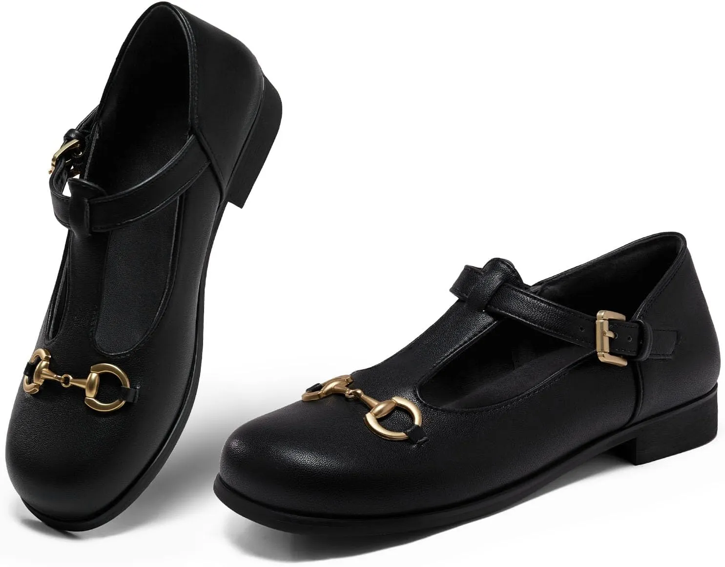 Coutgo Women's Mary Jane Shoes T Strap Chunky Low Heel Round Toe Comfortable Adjustable Strap Flat Dress Shoes