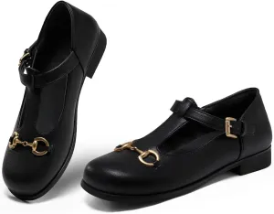 Coutgo Women's Mary Jane Shoes T Strap Chunky Low Heel Round Toe Comfortable Adjustable Strap Flat Dress Shoes