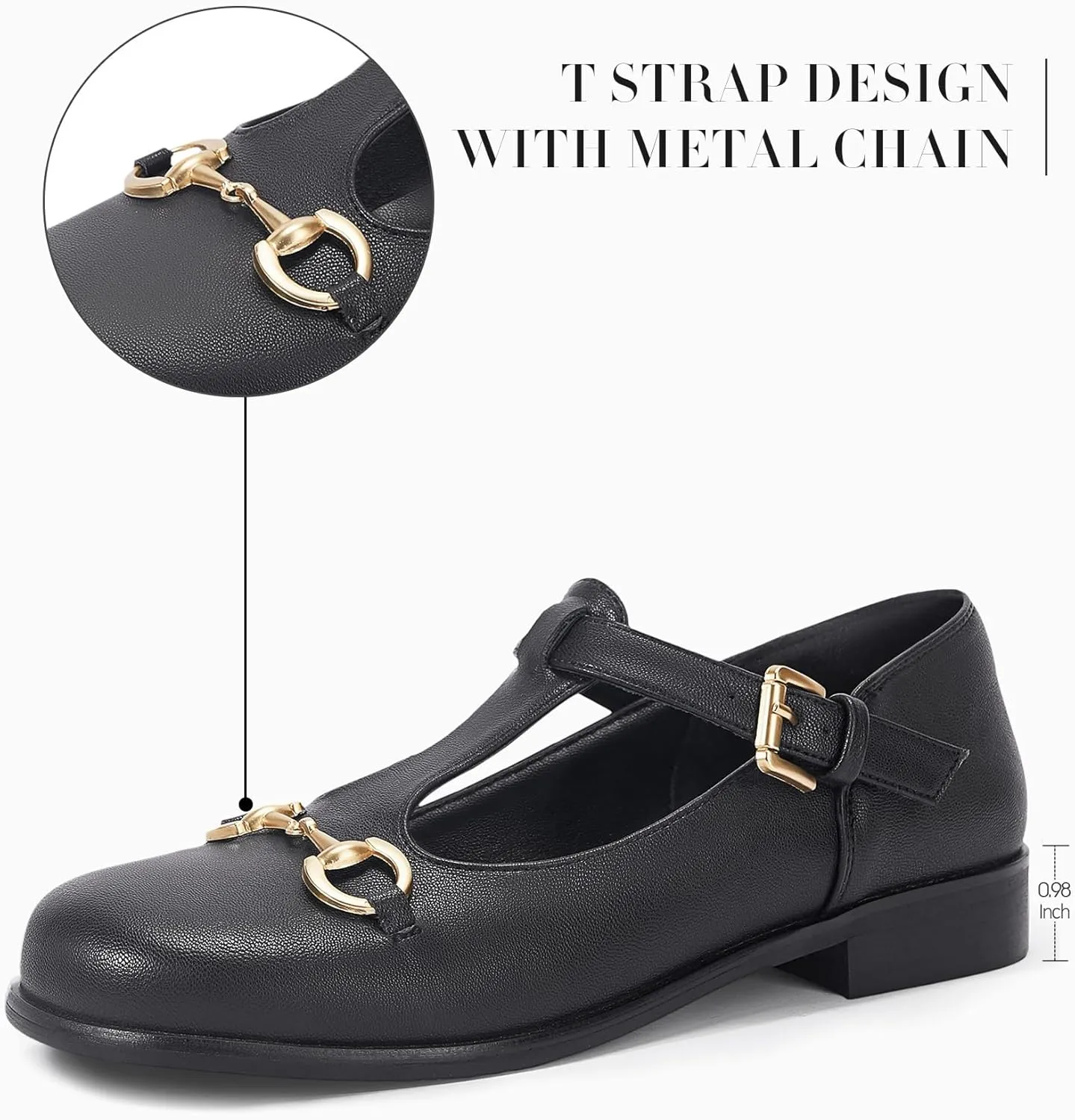 Coutgo Women's Mary Jane Shoes T Strap Chunky Low Heel Round Toe Comfortable Adjustable Strap Flat Dress Shoes