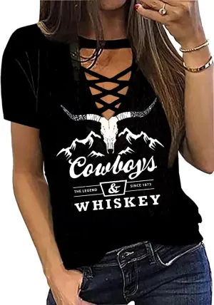 Cowboy Whiskey Criss-Cross Hollow Out T-Shirt Women Western Country Music Shirt Vintage Cowgril Short Sleeve Tops