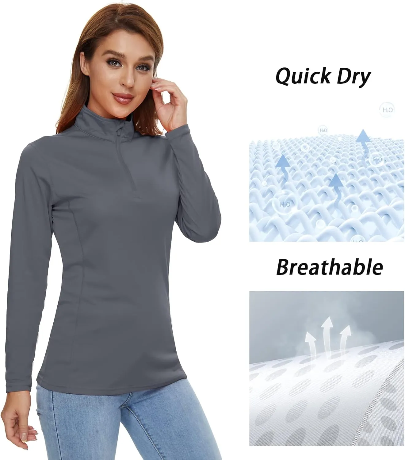CRYSULLY Women's Long Sleeve Shirts Sun Protection 1/4 Zip Summer Quick Dry Hiking Shirts