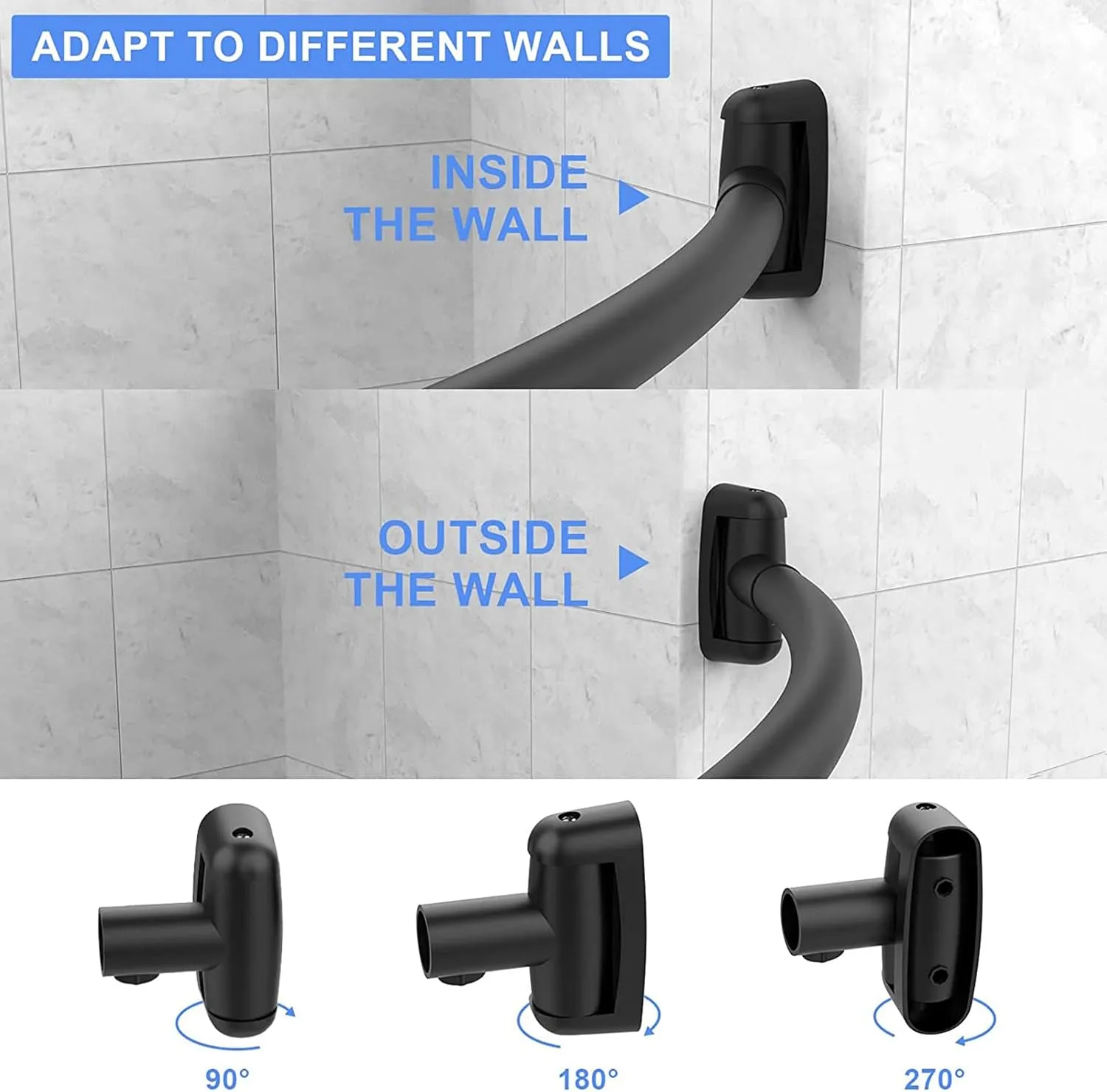 Curved Shower Curtain Rod, 45-72 inches Adjustable Arched Shower Curtain Curved Rods, Rustproof Round Never Fall Design for Bathroom, Black, Need to Drill